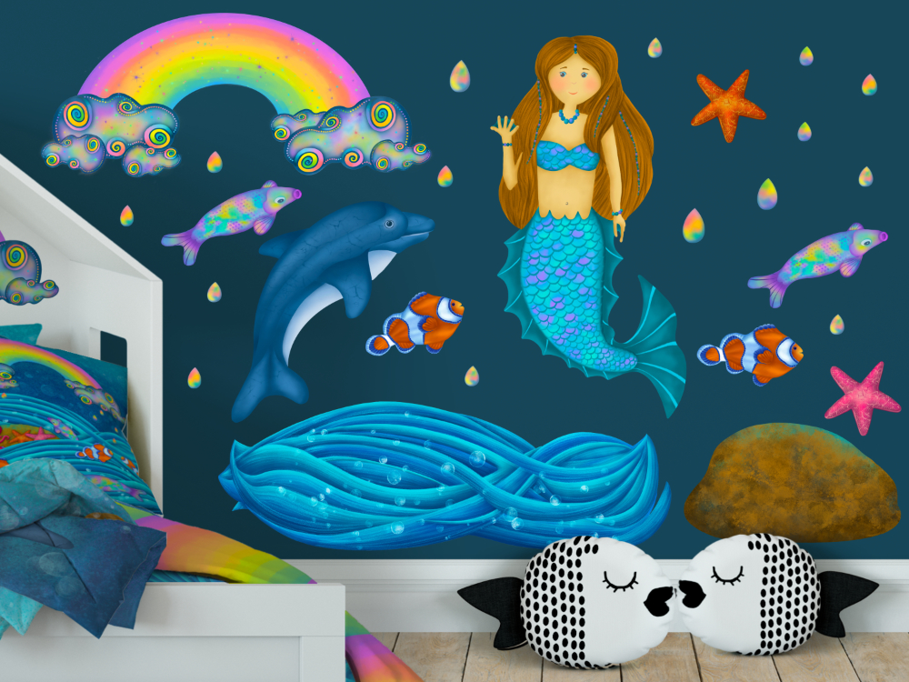 wall decals for kids, mermaid wall stickers for kids, ocean creatures wall stickers for kids, kids bedroom stickers, kids bedroom wall art, personalised wall stickers for kids, personalised wall decor for kids, personalised gifts for kids, hush the moon, personalised wall decals for kids australia