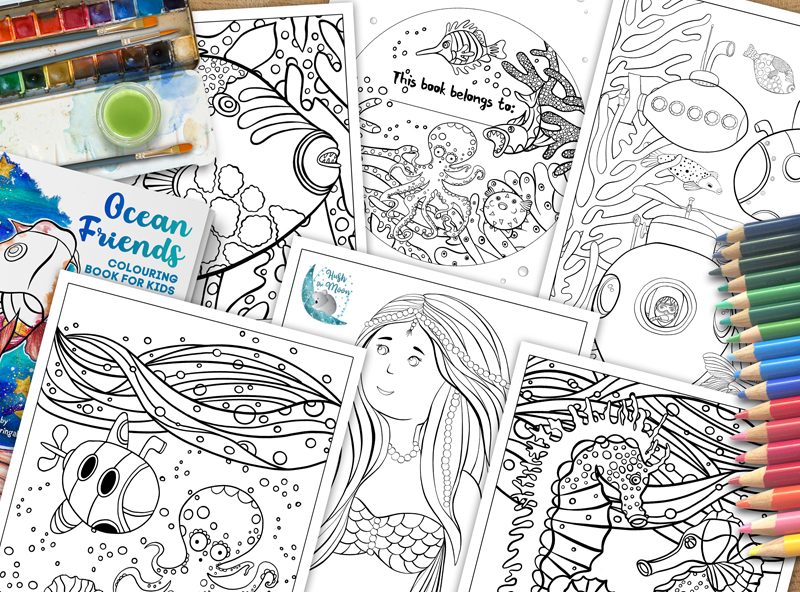 ocean creatures colouring pages for kids, colouring book for kids, ocean colouring book for kids, coloring pages for kids, pdf colouring book for kids, printable colouring pages for kids, mermaid colouring book for kids, gifts for kids,