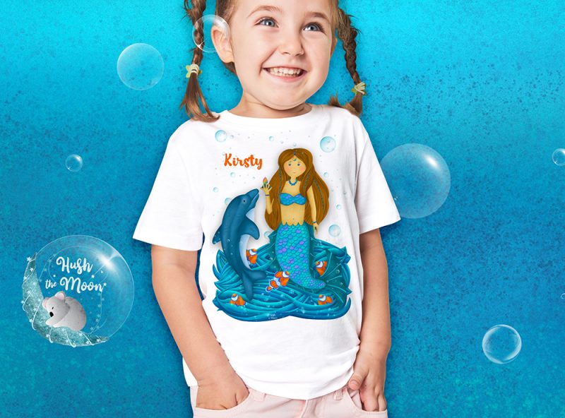 mermaid t-shirt for kids, personalised t-shirt for kids, personalised gifts brisbane, personalised gifts australia, mermaid gifts for kids, hush the moon, lesley smitheringale
