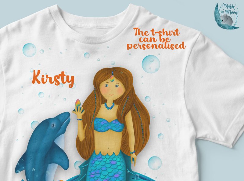 detail of mermaid t-shirt, mermaid t-shirt for kids, personalised t-shirt for kids, personalised gifts brisbane, personalised gifts australia, mermaid gifts for kids, hush the moon, lesley smitheringale