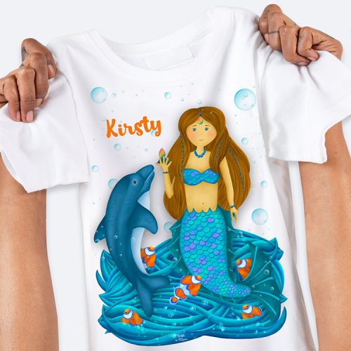 mermaid t-shirt in white, mermaid t-shirt for kids, personalised t-shirt for kids, personalised gifts brisbane, personalised gifts australia, mermaid gifts for kids, hush the moon, lesley smitheringale