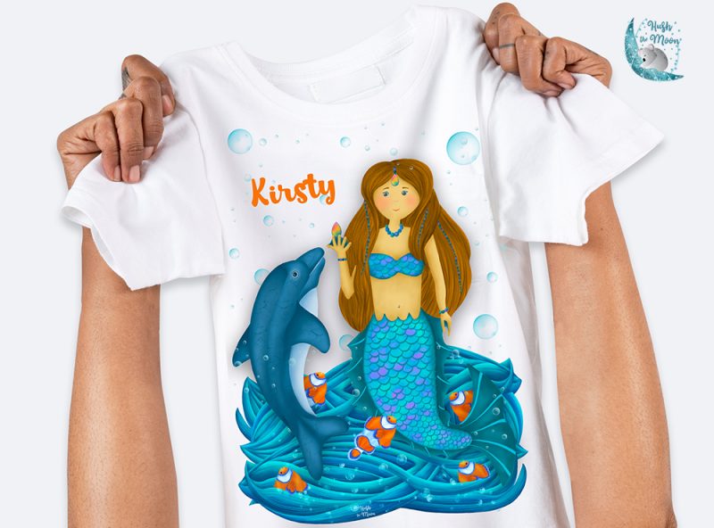 mermaid t-shirt in white, mermaid t-shirt for kids, personalised t-shirt for kids, personalised gifts brisbane, personalised gifts australia, mermaid gifts for kids, hush the moon, lesley smitheringale