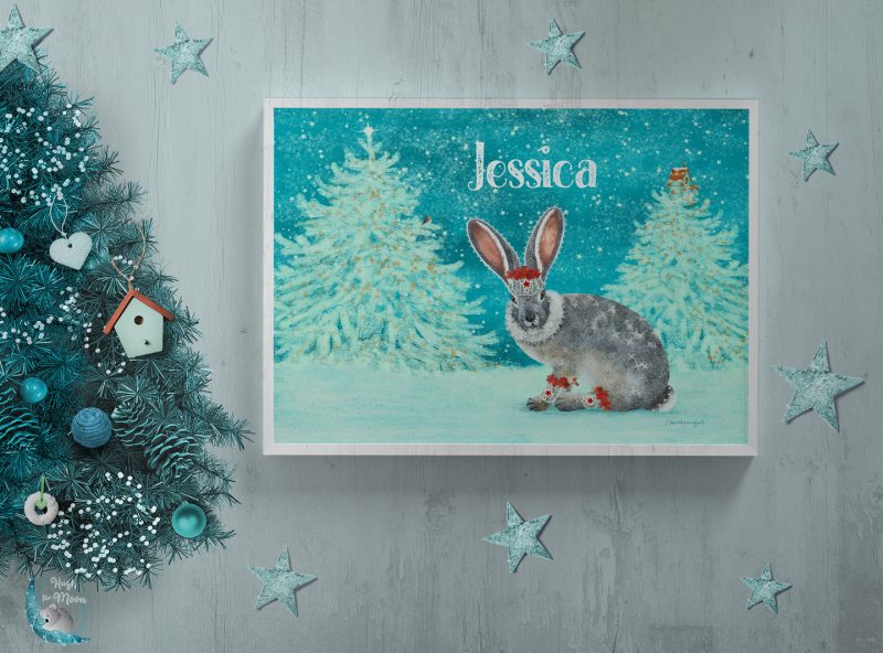 Christmas Hare in White Frame with Christmas Tree and Stars Jessica at Hush the Moon