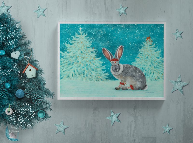 Christmas Hare in White Frame with Christmas Tree and Stars at Hush the Moon