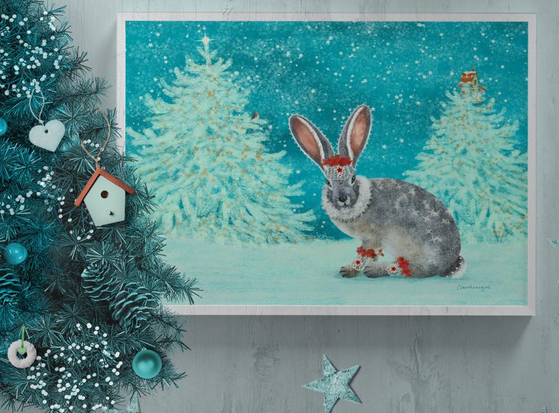 Christmas Hare in White Frame with Christmas Tree and Stars at Ornate Flair square