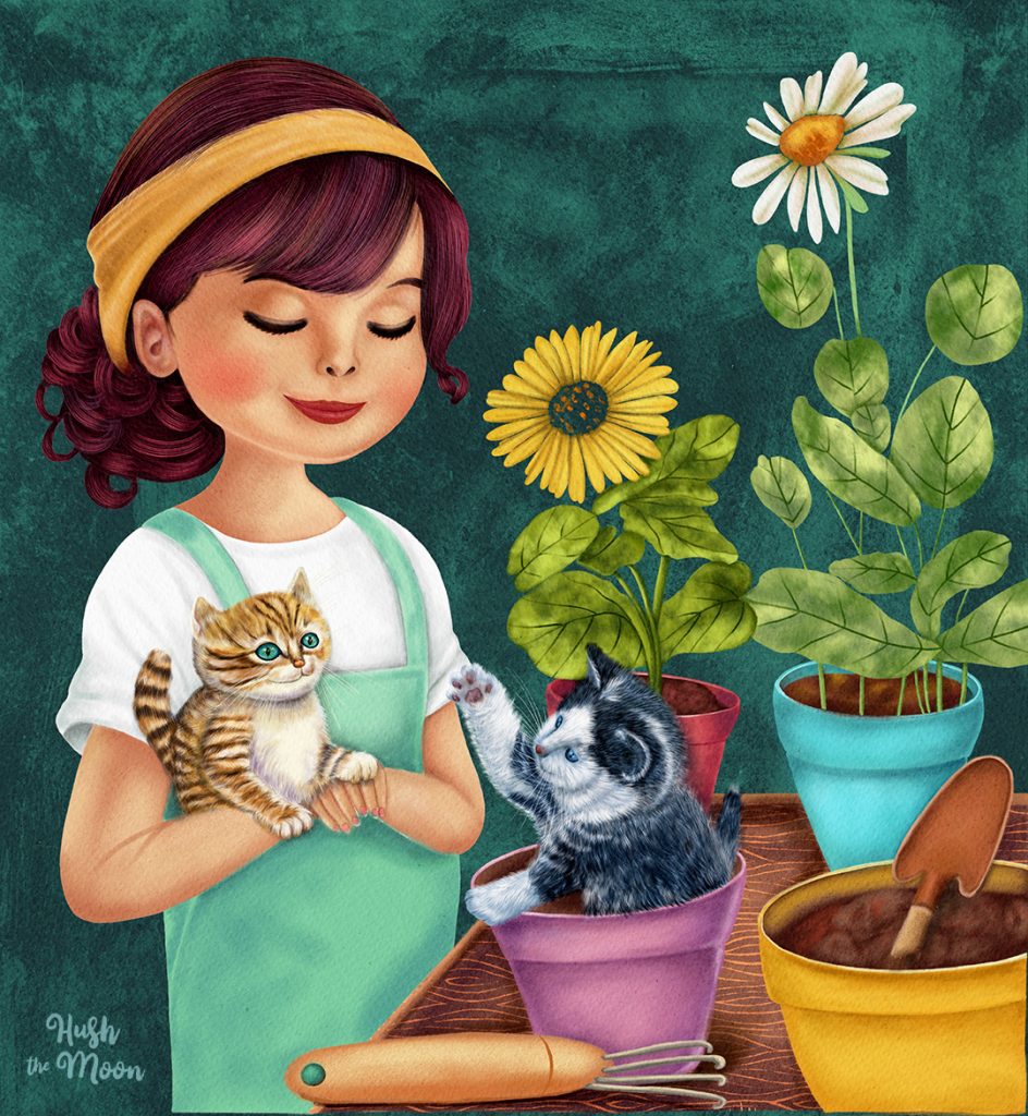 gardening illustration, gardener with kittens,