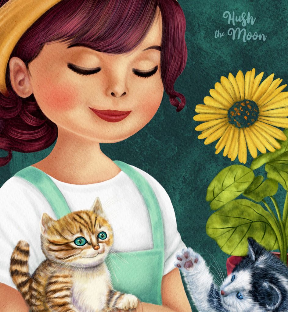 gifts for gardeners, pets, pet illustrations, pet art for kids, kittens illustration, gardener illustration, illustrations for kids, kidlitart, picture books for kids, art licensing, lesley smitheringale, hush the moon, story book art for kids