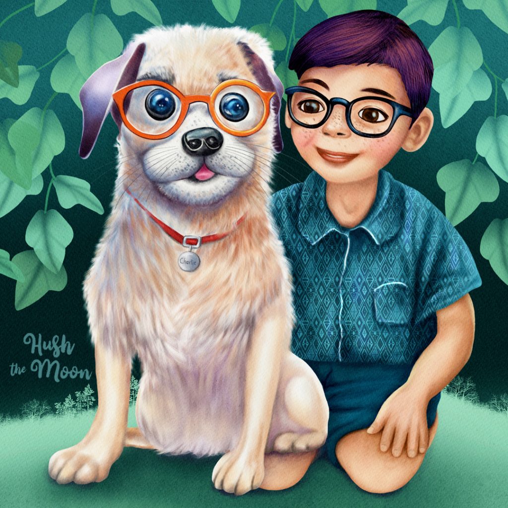 The Lovable Nerd illustration by Lesley Smitheringale, dog illustration, cute dog illustration, man and his best friend art, pets, pet illustrations, pet art for kids, illustrations for kids, kidlitart, picture books for kids, art licensing, lesley smitheringale, hush the moon, story book art for kids