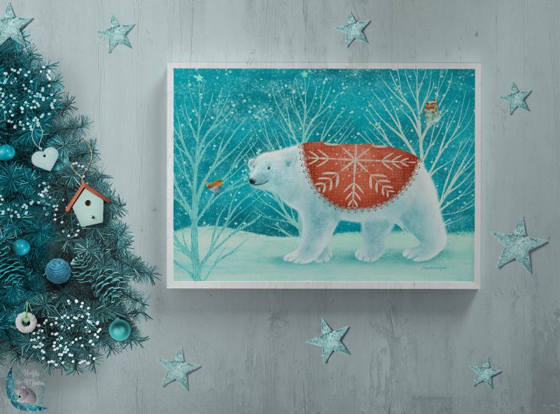 Polar Bear and Robin in White Frame with Christmas Tree and Stars