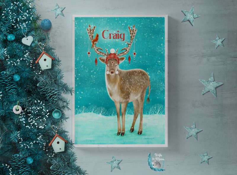 Rudolph and Cardinal in White Frame with Christmas Tree and Stars Craig at Hush the Moon