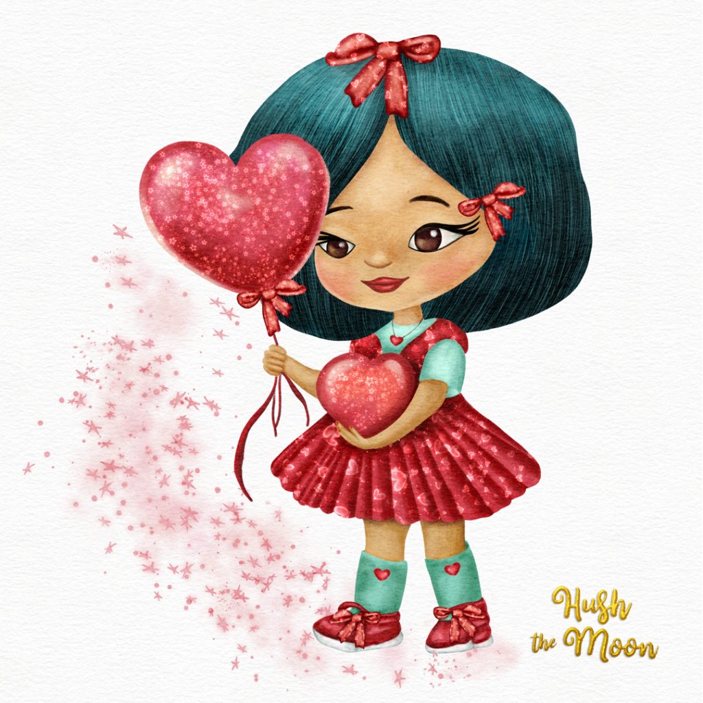 Valentina cute valentines day illustration of little girl holding hearts, Valentines illustration by Lesley Smitheringale, valentines day illustrations, valentine's day illustrations for kids, valentine's day art for licensing, hush the moon, lesley smitheringale, art licensing australia, cute valentines fairy, story book art, kidlitart, brisbane artist for hire, australian artist for hire