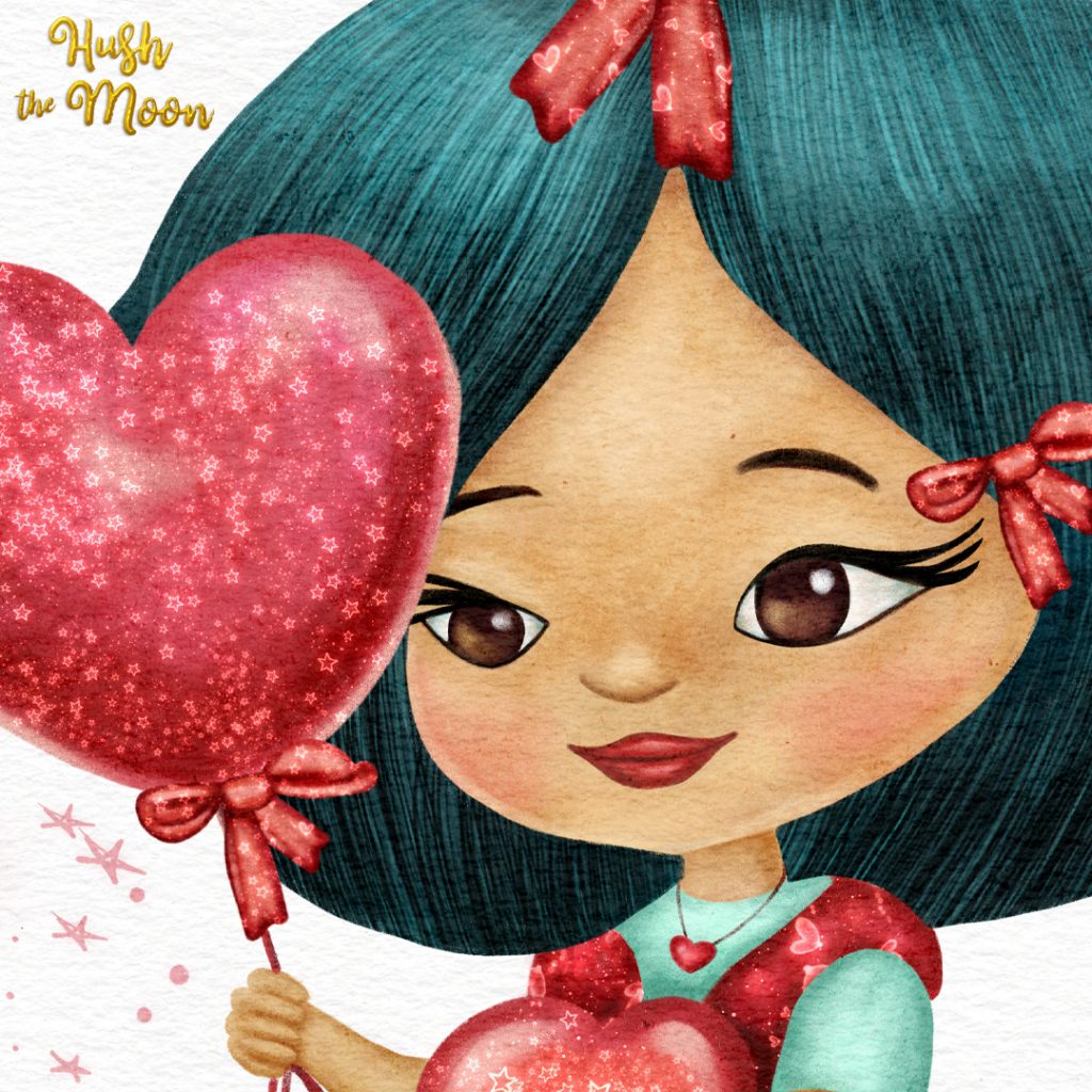 Valentina detail cute valentines day illustration of little girl holding hearts, Valentines illustration by Lesley Smitheringale, valentines day illustrations, valentine's day illustrations for kids, valentine's day art for licensing, hush the moon, lesley smitheringale, art licensing australia, cute valentines fairy, story book art, kidlitart, brisbane artist for hire, australian artist for hire