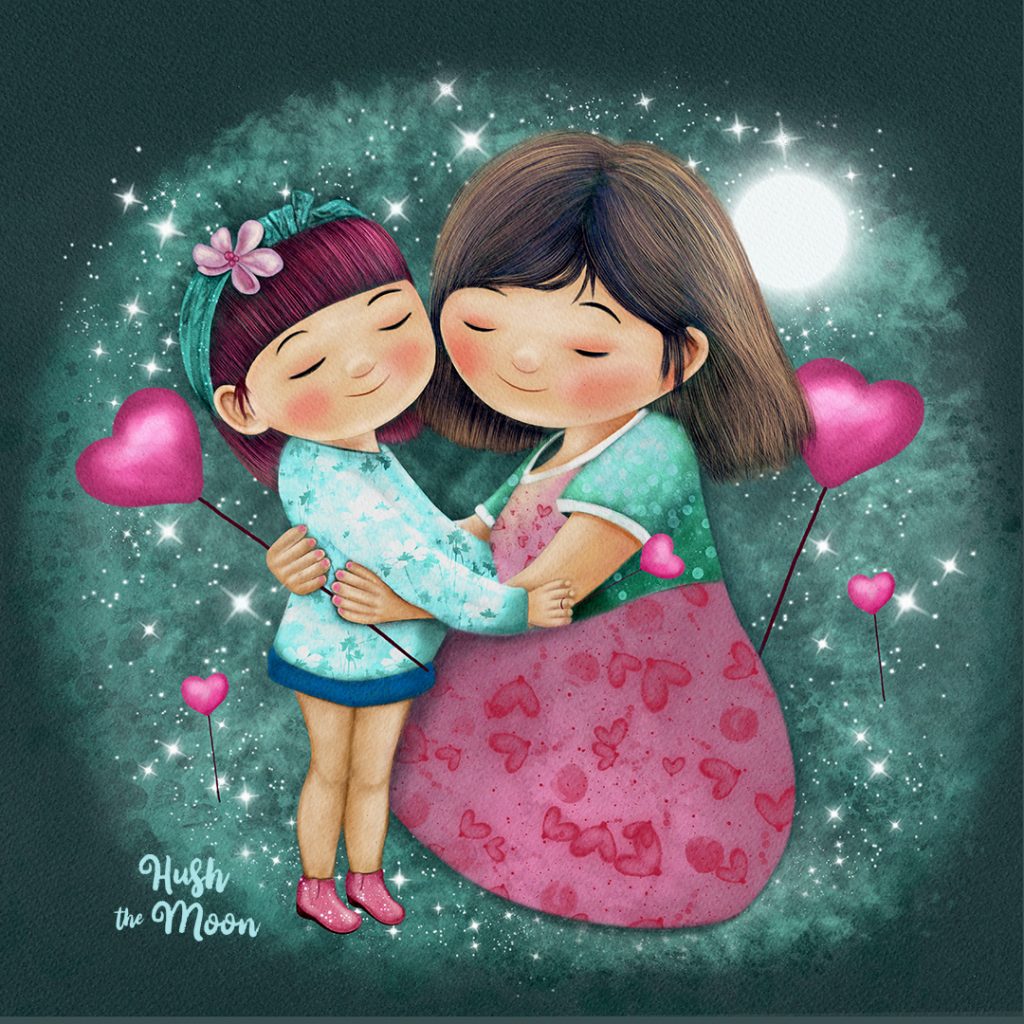 Valentine's Hug illustration of mom and daughter, cute valentines day illustration, Valentines illustration by Lesley Smitheringale, valentines day illustrations, valentine's day illustrations for kids, valentine's day art for licensing, hush the moon, lesley smitheringale, art licensing australia, cute valentines fairy, story book art, kidlitart, brisbane artist for hire, australian artist for hire