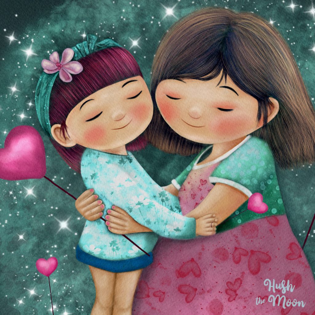 valentines day, valentines day art, mom and daughter, love you mom, art licensing, lesley smitheringale, hush the moon, children's art, wall art for kids, hire an illustrator, picture books for kids,